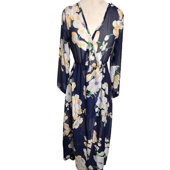 Maxi Navy Blue Floral Sheer A Style Sexy Romantic Feminine Bohemian flaw - Picture 1 of 15